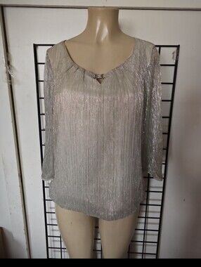 Sara Michelle Metallic Pleated Scoop Neck Blouse - Silver